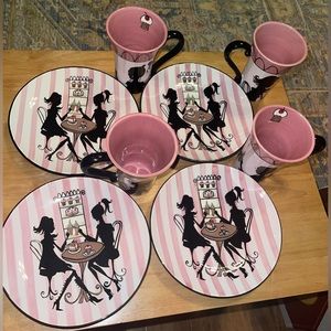 Fitz and Floyd Set Of 8 Mugs & Plates Set Retro Kitchen Decor Chic Pink BlackYve
